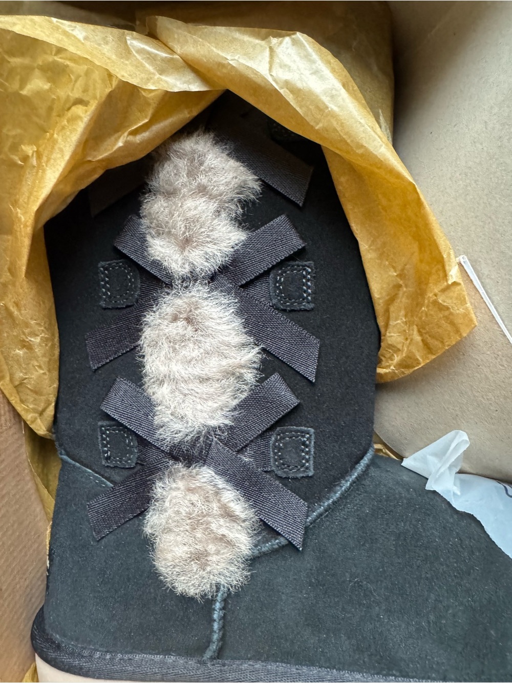 Koolaburra Black Shearling-Trimmed Fuzzy Bow Slipper boots